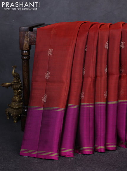 Pure soft silk saree rustic orange and magenta pink with zari woven buttas and rettapet zari woven border