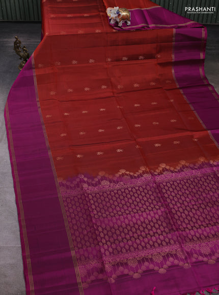 Pure soft silk saree rustic orange and magenta pink with zari woven buttas and rettapet zari woven border