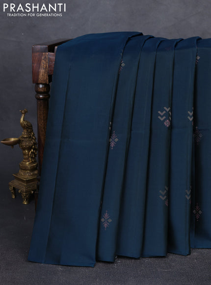 Pure soft silk saree peacock blue with zari woven buttas in borderless style