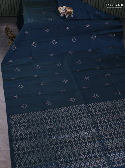 Pure soft silk saree peacock blue with zari woven buttas in borderless style