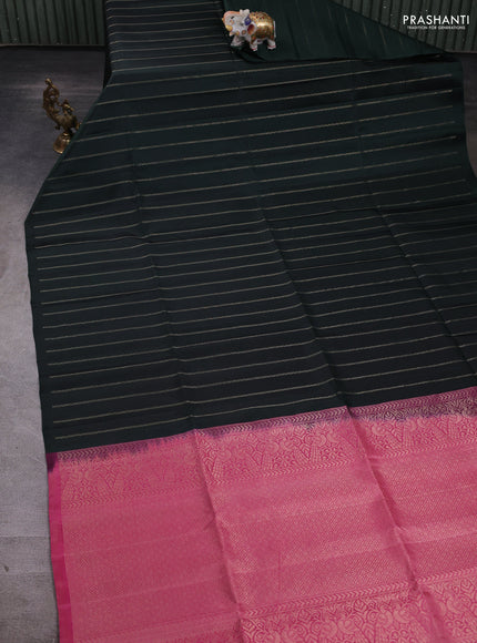 Pure soft silk saree bottle green and light pink with allover zari stripes pattern in borderless style