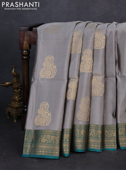 Pure soft silk saree grey and green with zari woven buttas and zari woven border