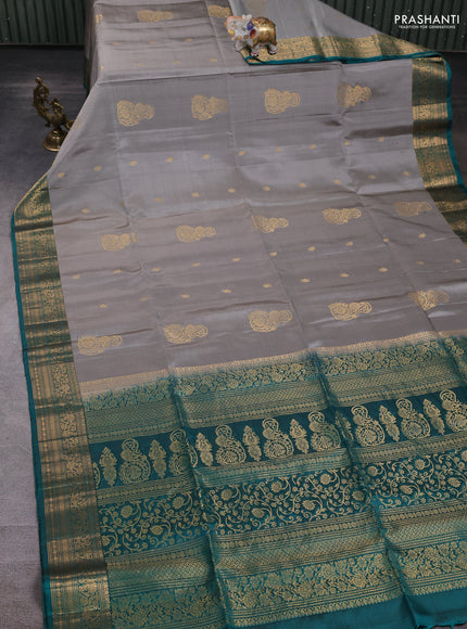 Pure soft silk saree grey and green with zari woven buttas and zari woven border