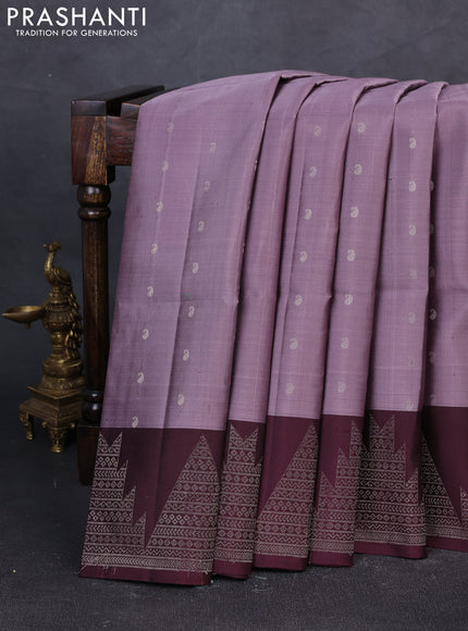 Pure soft silk saree pastel lavender and brown with silver zari woven paisley buttas and rich zari woven border