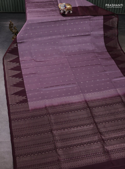 Pure soft silk saree pastel lavender and brown with silver zari woven paisley buttas and rich zari woven border