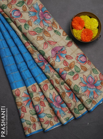 Semi tussar saree cs blue and beige with allover zari checked pattern and kalamkari printed border