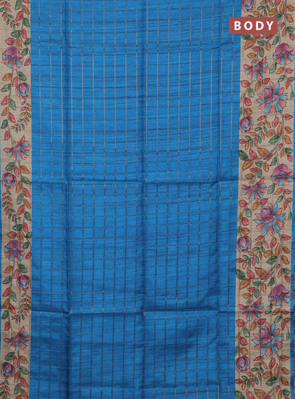 Semi tussar saree cs blue and beige with allover zari checked pattern and kalamkari printed border
