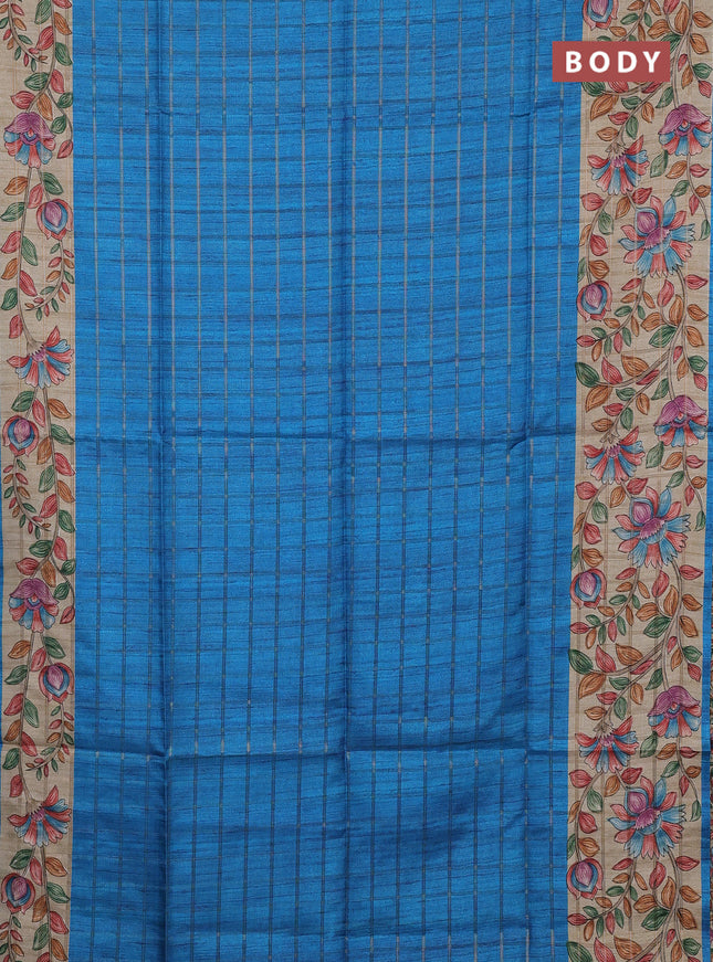 Semi tussar saree cs blue and beige with allover zari checked pattern and kalamkari printed border