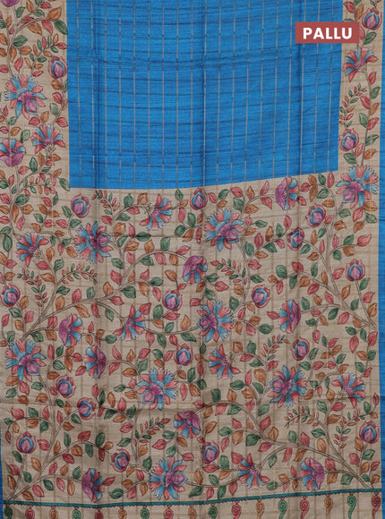 Semi tussar saree cs blue and beige with allover zari checked pattern and kalamkari printed border