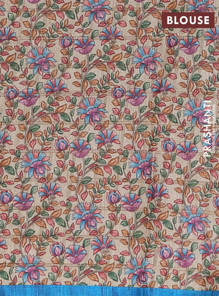 Semi tussar saree cs blue and beige with allover zari checked pattern and kalamkari printed border