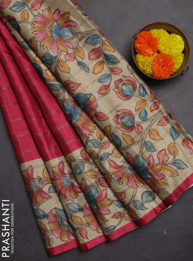 Semi tussar saree pink and beige with allover zari checked pattern and kalamkari printed border