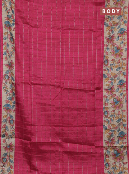 Semi tussar saree pink and beige with allover zari checked pattern and kalamkari printed border