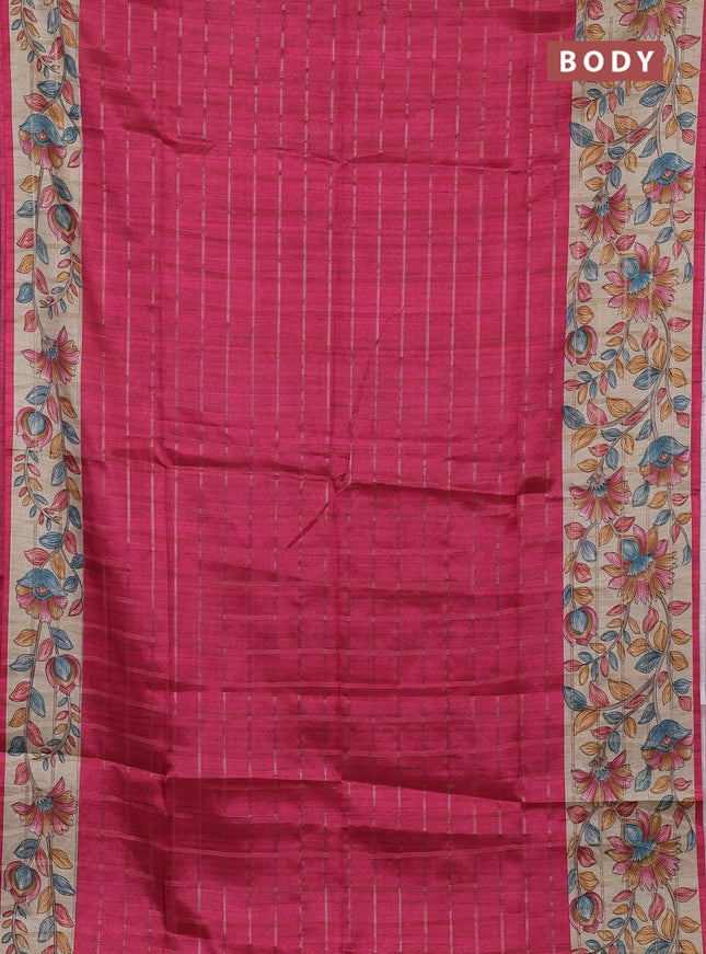 Semi tussar saree pink and beige with allover zari checked pattern and kalamkari printed border