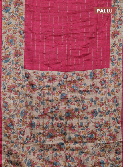 Semi tussar saree pink and beige with allover zari checked pattern and kalamkari printed border