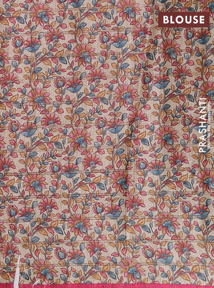 Semi tussar saree pink and beige with allover zari checked pattern and kalamkari printed border