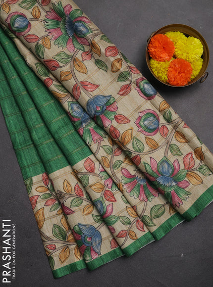 Semi tussar saree green and beige with allover zari checked pattern and kalamkari printed border