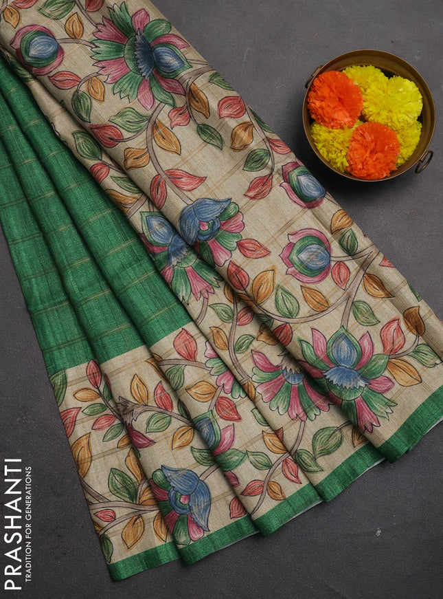 Semi tussar saree green and beige with allover zari checked pattern and kalamkari printed border