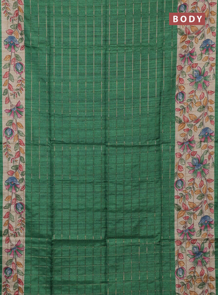 Semi tussar saree green and beige with allover zari checked pattern and kalamkari printed border