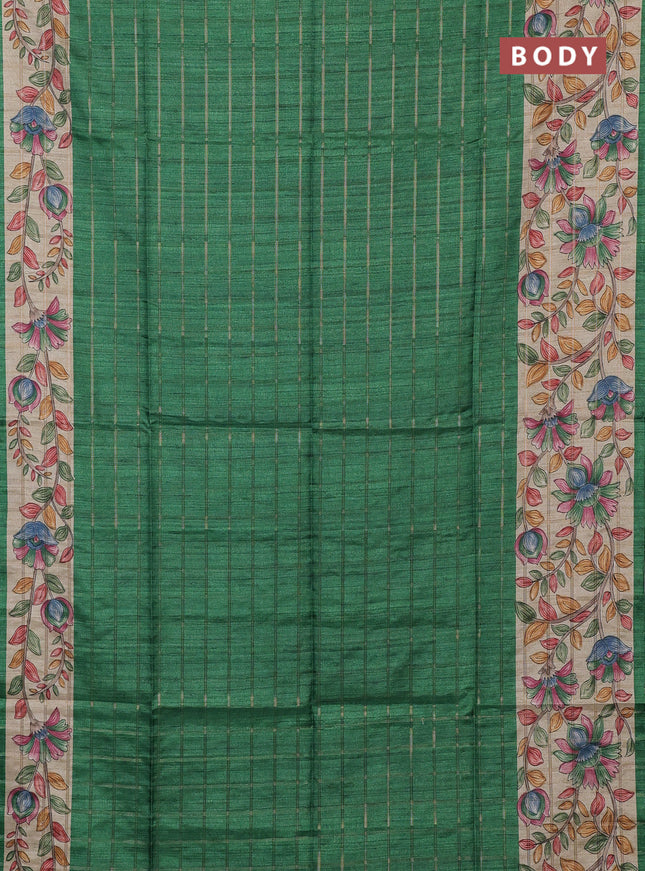 Semi tussar saree green and beige with allover zari checked pattern and kalamkari printed border
