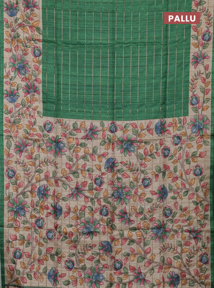 Semi tussar saree green and beige with allover zari checked pattern and kalamkari printed border