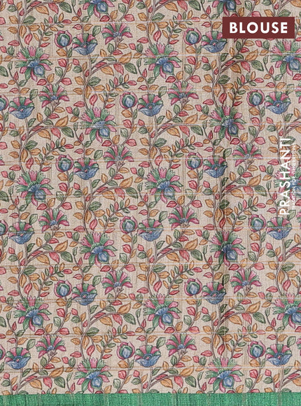 Semi tussar saree green and beige with allover zari checked pattern and kalamkari printed border