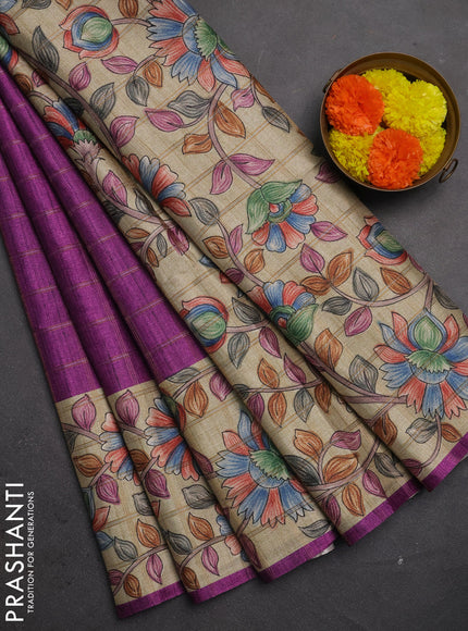 Semi tussar saree purple and beige with allover zari checked pattern and kalamkari printed border