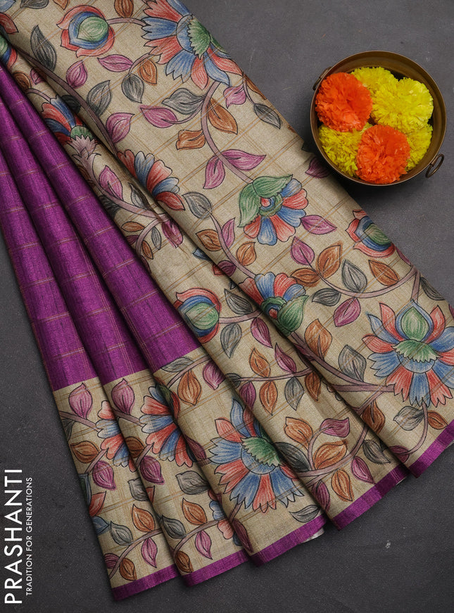 Semi tussar saree purple and beige with allover zari checked pattern and kalamkari printed border