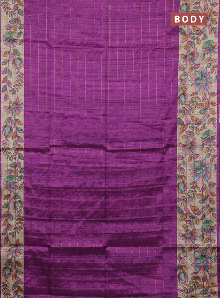 Semi tussar saree purple and beige with allover zari checked pattern and kalamkari printed border