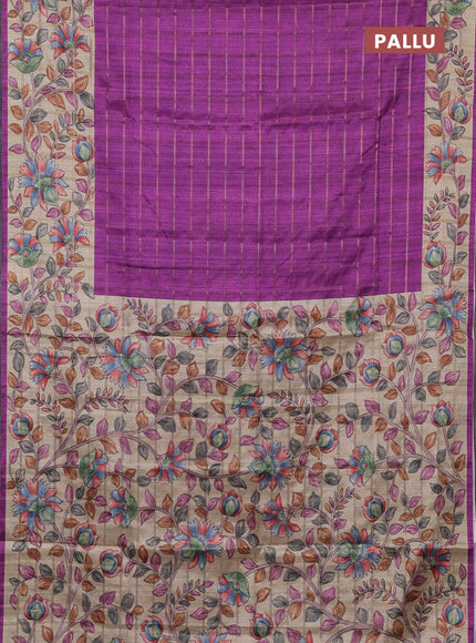 Semi tussar saree purple and beige with allover zari checked pattern and kalamkari printed border