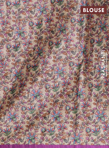 Semi tussar saree purple and beige with allover zari checked pattern and kalamkari printed border