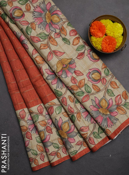 Semi tussar saree rust shade and beige with allover zari checked pattern and kalamkari printed border