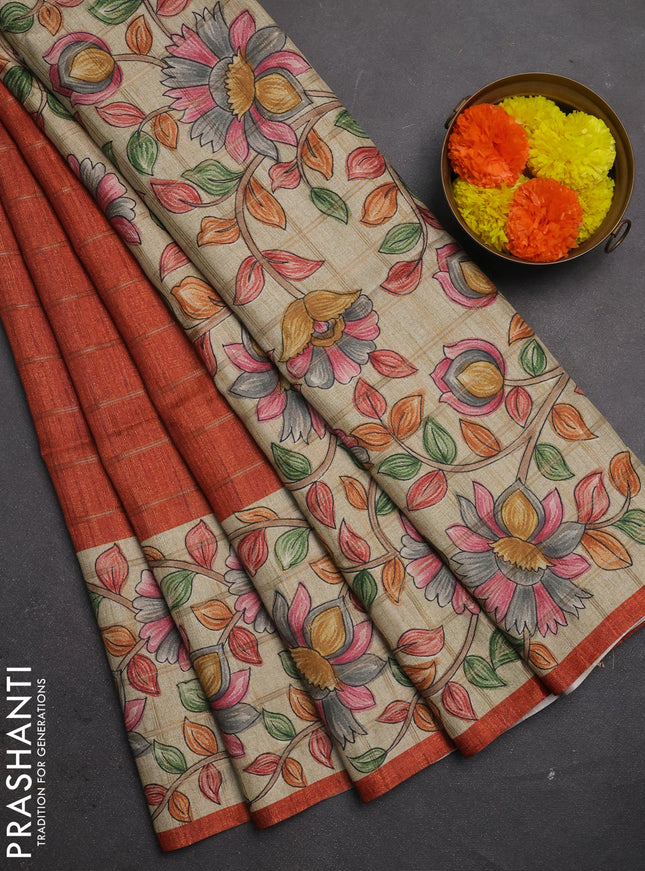 Semi tussar saree rust shade and beige with allover zari checked pattern and kalamkari printed border