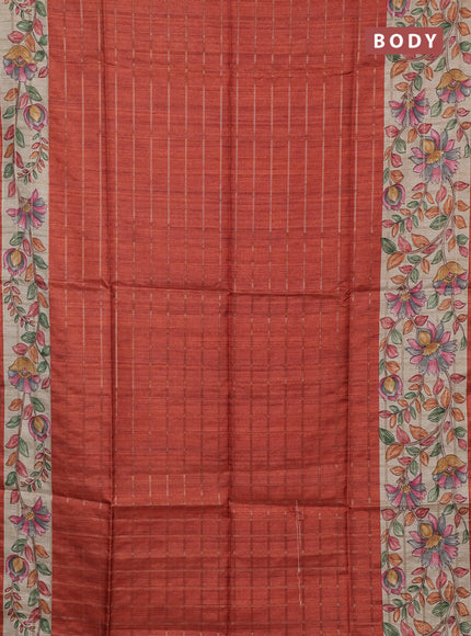 Semi tussar saree rust shade and beige with allover zari checked pattern and kalamkari printed border
