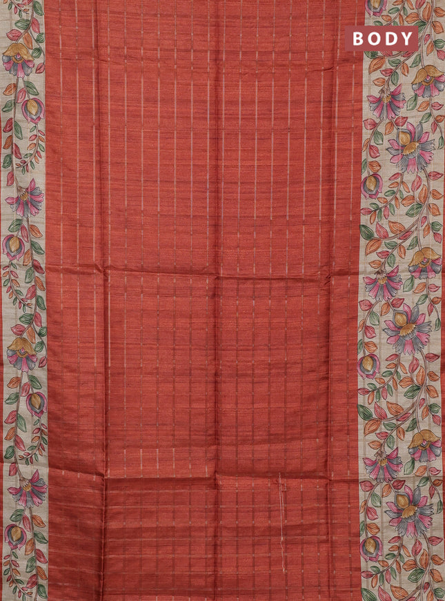 Semi tussar saree rust shade and beige with allover zari checked pattern and kalamkari printed border