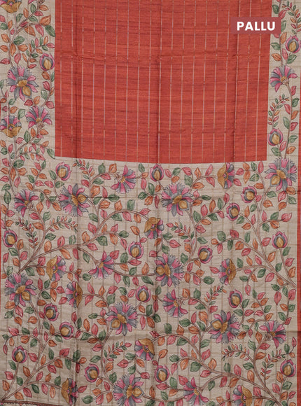 Semi tussar saree rust shade and beige with allover zari checked pattern and kalamkari printed border