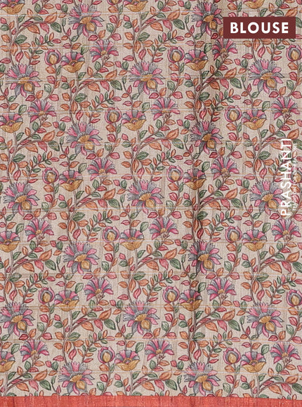 Semi tussar saree rust shade and beige with allover zari checked pattern and kalamkari printed border