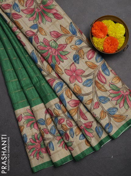 Semi tussar saree green and beige with allover zari checked pattern and kalamkari printed border