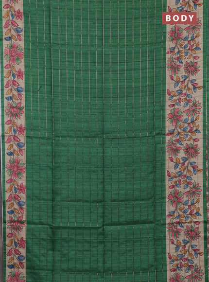 Semi tussar saree green and beige with allover zari checked pattern and kalamkari printed border
