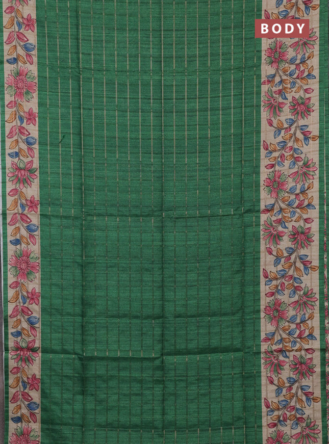 Semi tussar saree green and beige with allover zari checked pattern and kalamkari printed border