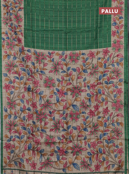 Semi tussar saree green and beige with allover zari checked pattern and kalamkari printed border