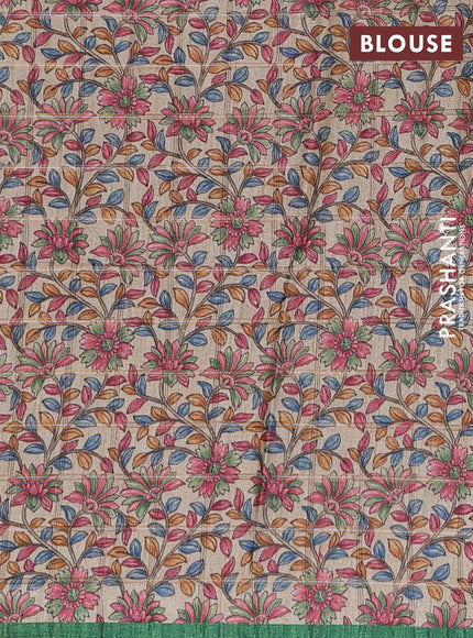 Semi tussar saree green and beige with allover zari checked pattern and kalamkari printed border
