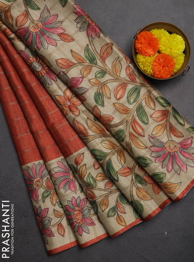 Semi tussar saree rust shade and beige with allover zari checked pattern and kalamkari printed border