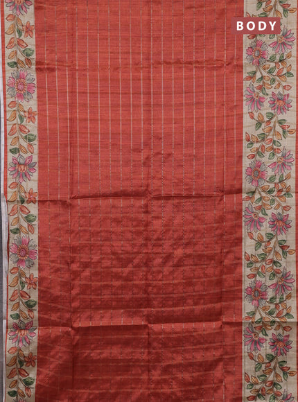 Semi tussar saree rust shade and beige with allover zari checked pattern and kalamkari printed border
