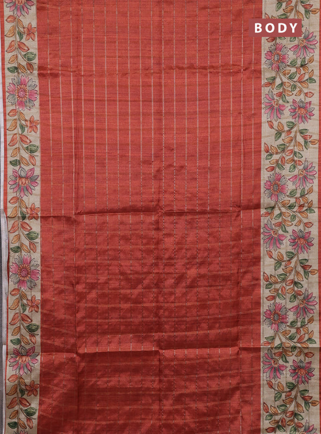 Semi tussar saree rust shade and beige with allover zari checked pattern and kalamkari printed border