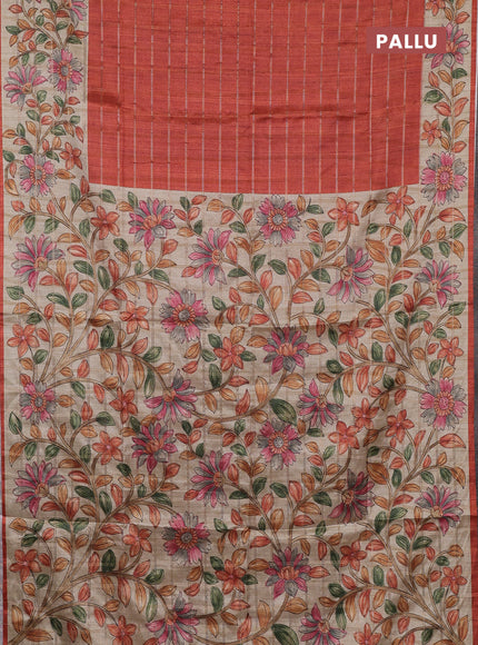 Semi tussar saree rust shade and beige with allover zari checked pattern and kalamkari printed border