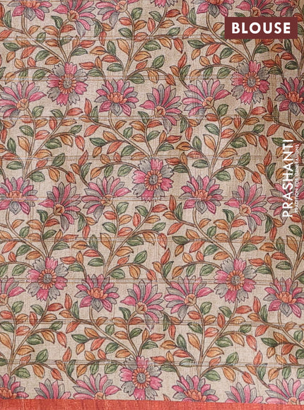 Semi tussar saree rust shade and beige with allover zari checked pattern and kalamkari printed border