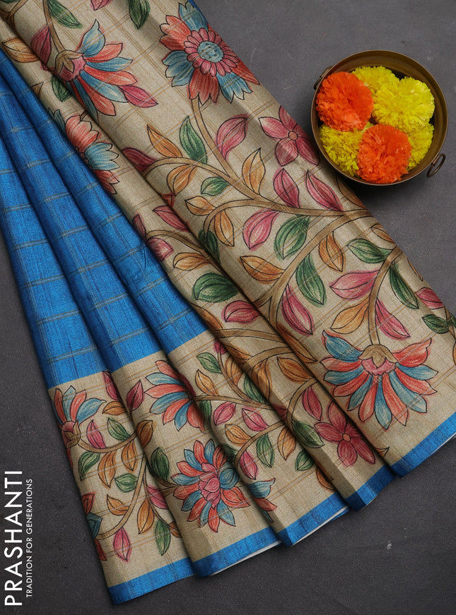 Semi tussar saree cs blue and beige with allover zari checked pattern and kalamkari printed border