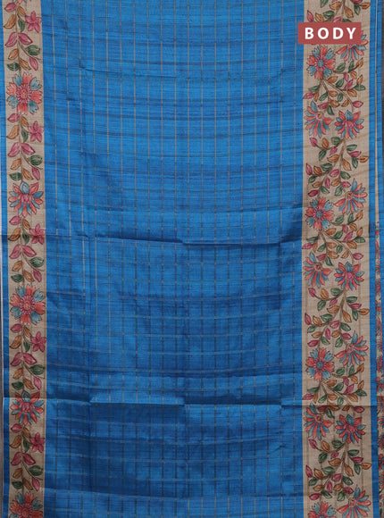 Semi tussar saree cs blue and beige with allover zari checked pattern and kalamkari printed border