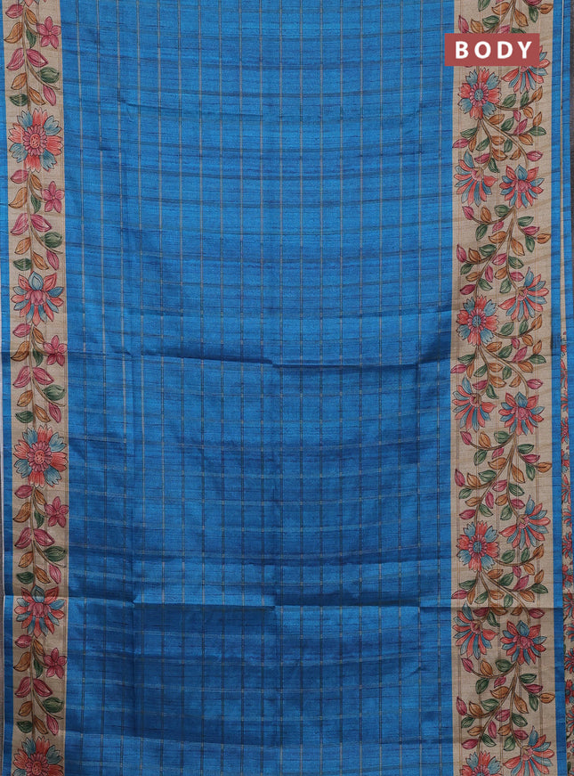Semi tussar saree cs blue and beige with allover zari checked pattern and kalamkari printed border