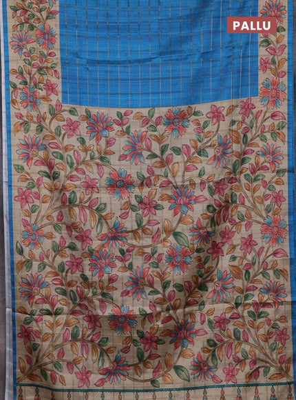 Semi tussar saree cs blue and beige with allover zari checked pattern and kalamkari printed border